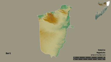 Somali bölgesi Bari 'nin şekli, başkenti sağlam bir zemin üzerinde izole edilmiş. Uzaklık ölçeği, bölge önizlemesi ve etiketleri. Topografik yardım haritası. 3B görüntüleme