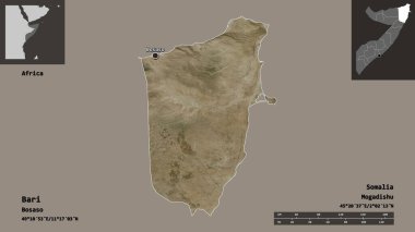 Bari 'nin şekli, Somali bölgesi ve başkenti. Uzaklık ölçeği, ön gösterimler ve etiketler. Uydu görüntüleri. 3B görüntüleme
