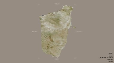 Bari bölgesi, Somali bölgesi, katı bir arka planda izole edilmiş bir sınır kutusunda. Etiketler. Uydu görüntüleri. 3B görüntüleme