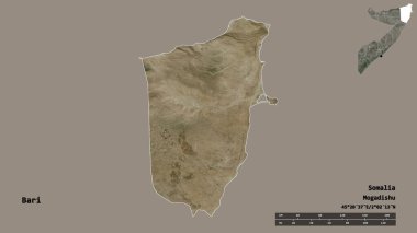 Somali bölgesi Bari 'nin şekli, başkenti sağlam bir zemin üzerinde izole edilmiş. Uzaklık ölçeği, bölge önizlemesi ve etiketleri. Uydu görüntüleri. 3B görüntüleme