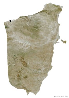 Beyaz arka planda başkenti izole edilmiş, Somali bölgesi Bari 'nin şekli. Uydu görüntüleri. 3B görüntüleme