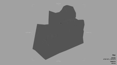 Bay bölgesi, Somali bölgesi, katı bir arka planda izole edilmiş bir sınır kutusunda. Etiketler. Çift seviyeli yükseklik haritası. 3B görüntüleme