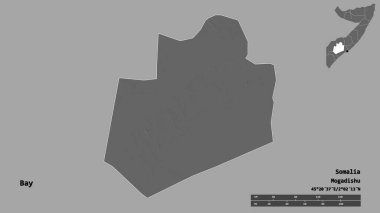 Somali Bölgesi, Bay 'in şekli, başkenti sağlam bir zemin üzerinde izole edilmiş. Uzaklık ölçeği, bölge önizlemesi ve etiketleri. Çift seviyeli yükseklik haritası. 3B görüntüleme