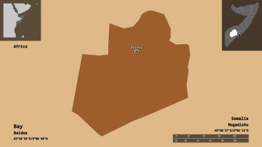 Bay 'in şekli, Somali bölgesi ve başkenti. Uzaklık ölçeği, ön gösterimler ve etiketler. Desenli dokuların bileşimi. 3B görüntüleme