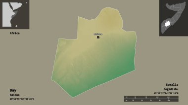 Bay 'in şekli, Somali bölgesi ve başkenti. Uzaklık ölçeği, ön gösterimler ve etiketler. Topografik yardım haritası. 3B görüntüleme