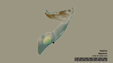 Başkenti, ana bölgesel bölümü ve ayrılmış Körfez bölgesiyle Somali 'nin dejenere edilmiş şekli. Etiketler. Topografik yardım haritası. 3B görüntüleme