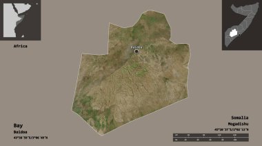 Bay 'in şekli, Somali bölgesi ve başkenti. Uzaklık ölçeği, ön gösterimler ve etiketler. Uydu görüntüleri. 3B görüntüleme