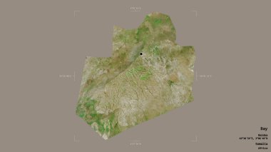 Bay bölgesi, Somali bölgesi, katı bir arka planda izole edilmiş bir sınır kutusunda. Etiketler. Uydu görüntüleri. 3B görüntüleme