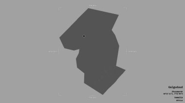 Galguduud bölgesi, Somali bölgesi, katı bir arka planda izole edilmiş bir sınır kutusunda. Etiketler. Çift seviyeli yükseklik haritası. 3B görüntüleme