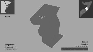 Galguduud 'un şekli, Somali bölgesi ve başkenti. Uzaklık ölçeği, ön gösterimler ve etiketler. Çift seviyeli yükseklik haritası. 3B görüntüleme