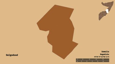 Somali bölgesinin başkenti Galguduud 'un katı arka planda izole edilmiş hali. Uzaklık ölçeği, bölge önizlemesi ve etiketleri. Desenli dokuların bileşimi. 3B görüntüleme