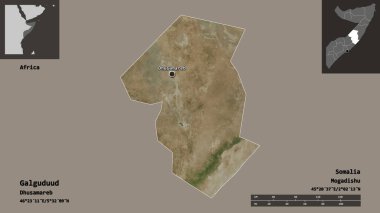 Galguduud 'un şekli, Somali bölgesi ve başkenti. Uzaklık ölçeği, ön gösterimler ve etiketler. Uydu görüntüleri. 3B görüntüleme