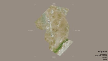 Galguduud bölgesi, Somali bölgesi, katı bir arka planda izole edilmiş bir sınır kutusunda. Etiketler. Uydu görüntüleri. 3B görüntüleme