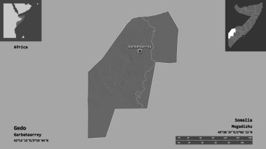 Gedo 'nun şekli, Somali bölgesi ve başkenti. Uzaklık ölçeği, ön gösterimler ve etiketler. Çift seviyeli yükseklik haritası. 3B görüntüleme