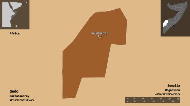 Gedo 'nun şekli, Somali bölgesi ve başkenti. Uzaklık ölçeği, ön gösterimler ve etiketler. Desenli dokuların bileşimi. 3B görüntüleme