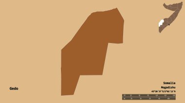 Somali bölgesindeki Gedo 'nun başkenti sağlam bir zemin üzerinde izole edilmiştir. Uzaklık ölçeği, bölge önizlemesi ve etiketleri. Desenli dokuların bileşimi. 3B görüntüleme