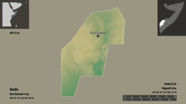 Gedo 'nun şekli, Somali bölgesi ve başkenti. Uzaklık ölçeği, ön gösterimler ve etiketler. Topografik yardım haritası. 3B görüntüleme