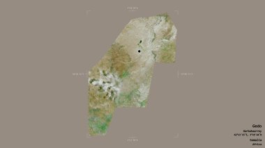 Gedo bölgesi, Somali bölgesi, katı bir arka planda izole edilmiş bir sınır kutusunda. Etiketler. Uydu görüntüleri. 3B görüntüleme