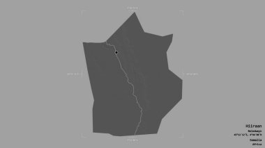 Hiiraan bölgesi, Somali bölgesi, jeoreferatlı bir sınır kutusunda sağlam bir arka planda izole edilmiş. Etiketler. Çift seviyeli yükseklik haritası. 3B görüntüleme