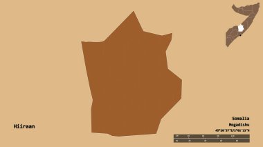Başkenti sağlam bir zemine sahip olan Somali bölgesinin Hiiraan şekli. Uzaklık ölçeği, bölge önizlemesi ve etiketleri. Desenli dokuların bileşimi. 3B görüntüleme