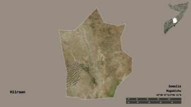 Başkenti sağlam bir zemine sahip olan Somali bölgesinin Hiiraan şekli. Uzaklık ölçeği, bölge önizlemesi ve etiketleri. Uydu görüntüleri. 3B görüntüleme