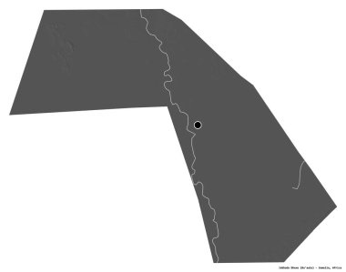 Jubbada Dhexe, Somali bölgesi, başkenti beyaz arka planda izole edilmiş. Çift seviyeli yükseklik haritası. 3B görüntüleme