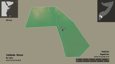 Jubbada Dhexe, Somali bölgesi ve başkenti. Uzaklık ölçeği, ön gösterimler ve etiketler. Topografik yardım haritası. 3B görüntüleme