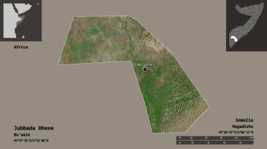 Jubbada Dhexe, Somali bölgesi ve başkenti. Uzaklık ölçeği, ön gösterimler ve etiketler. Uydu görüntüleri. 3B görüntüleme