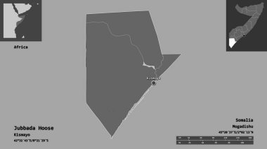 Jubbada Hoose 'un şekli, Somali bölgesi ve başkenti. Uzaklık ölçeği, ön gösterimler ve etiketler. Çift seviyeli yükseklik haritası. 3B görüntüleme