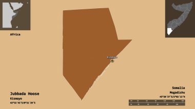 Jubbada Hoose 'un şekli, Somali bölgesi ve başkenti. Uzaklık ölçeği, ön gösterimler ve etiketler. Desenli dokuların bileşimi. 3B görüntüleme