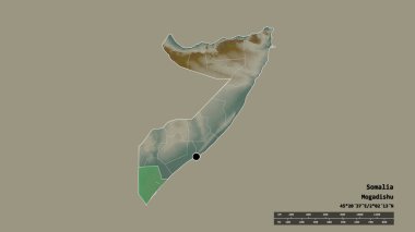 Başkenti, ana bölgesel bölümü ve ayrılmış Jubbada Hoose bölgesi ile Somali 'nin dejenere bir şekli. Etiketler. Topografik yardım haritası. 3B görüntüleme