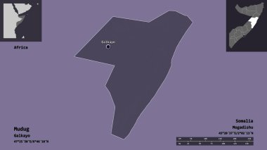 Mudig 'in şekli, Somali bölgesi ve başkenti. Uzaklık ölçeği, ön gösterimler ve etiketler. Renkli yükseklik haritası. 3B görüntüleme