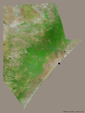 Jubbada Hoose 'un şekli, Somali bölgesi, başkenti katı bir renk arkaplanı ile izole edilmiş. Uydu görüntüleri. 3B görüntüleme