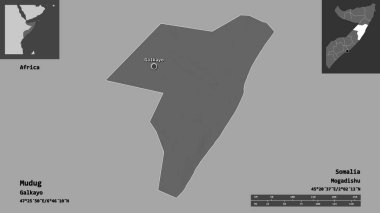 Mudig 'in şekli, Somali bölgesi ve başkenti. Uzaklık ölçeği, ön gösterimler ve etiketler. Çift seviyeli yükseklik haritası. 3B görüntüleme