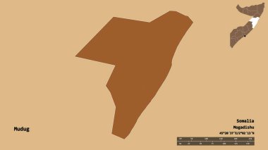 Somali bölgesindeki Mudig 'in başkenti sağlam bir zemin üzerinde izole edilmiştir. Uzaklık ölçeği, bölge önizlemesi ve etiketleri. Desenli dokuların bileşimi. 3B görüntüleme