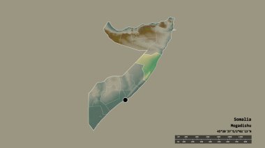 Başkenti, ana bölgesel bölümü ve ayrılmış Mudig bölgesiyle Somali 'nin dejenere edilmiş şekli. Etiketler. Topografik yardım haritası. 3B görüntüleme