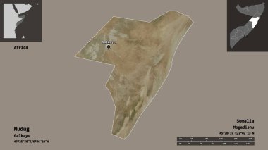 Mudig 'in şekli, Somali bölgesi ve başkenti. Uzaklık ölçeği, ön gösterimler ve etiketler. Uydu görüntüleri. 3B görüntüleme