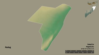 Somali bölgesindeki Mudig 'in başkenti sağlam bir zemin üzerinde izole edilmiştir. Uzaklık ölçeği, bölge önizlemesi ve etiketleri. Topografik yardım haritası. 3B görüntüleme