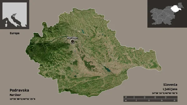 波德拉夫斯卡的形状 斯洛文尼亚的统计区 及其首都 距离刻度 预览和标签 卫星图像 3D渲染 — 图库照片