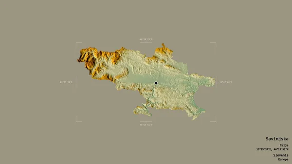 斯洛维尼亚的统计区 萨文加地区 在一个地理参考方块中的坚实背景上被隔离 地形浮雕图 3D渲染 — 图库照片