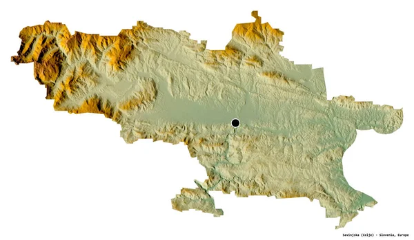 スロベニアの統計地域であるサヴィンスカの形で 首都は白い背景に孤立している 地形図 3Dレンダリング — ストック写真