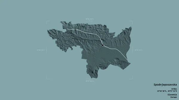 スロベニアの統計地域Spdnjeposavska地域は 洗練された境界ボックス内の強固な背景に隔離されています ラベル 色の標高マップ 3Dレンダリング — ストック写真