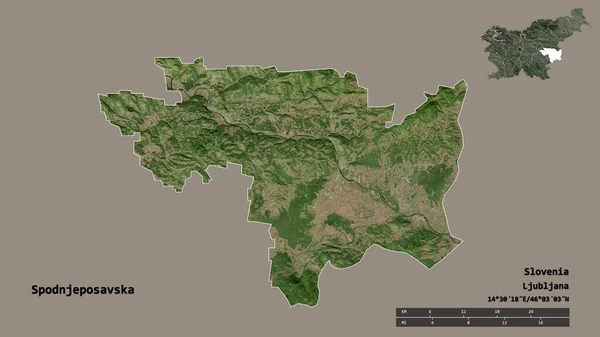 斯洛维尼亚统计区Spodnjeposavska的形状 其首都独立于坚实的背景 距离尺度 区域预览和标签 卫星图像 3D渲染 — 图库照片