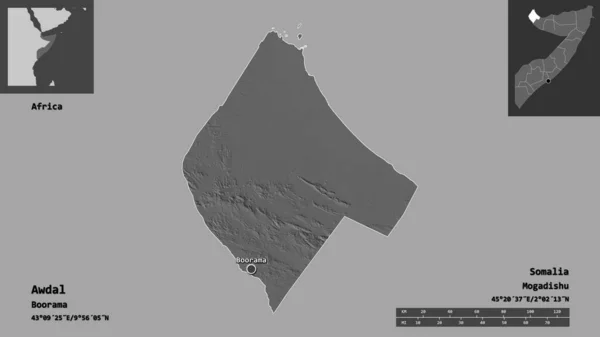 索马里地区的Awdal形状及其首都 距离刻度 预览和标签 Bilevel高程图 3D渲染 — 图库照片