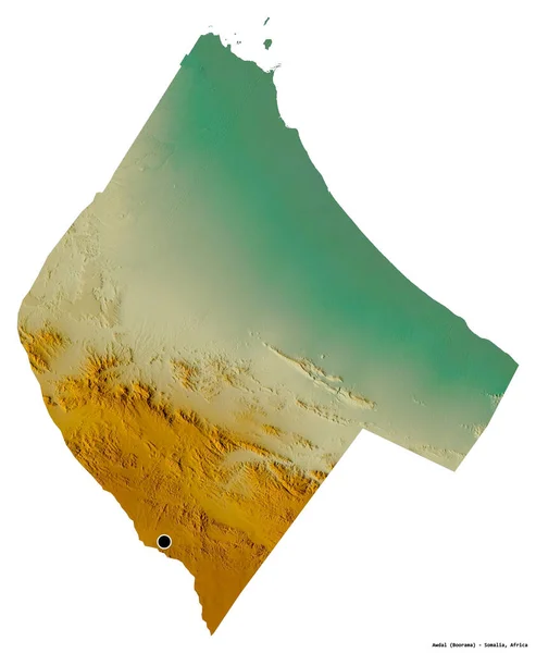 ソマリアの領域であるアワルダルの形で その首都は白い背景に孤立しています 地形図 3Dレンダリング — ストック写真