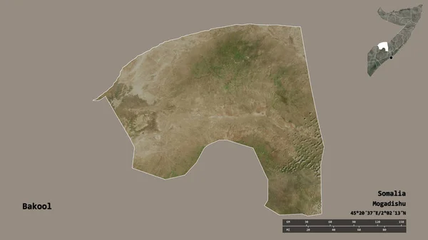 索马里巴科勒州的形状 其首都在坚实的背景下与世隔绝 距离尺度 区域预览和标签 卫星图像 3D渲染 — 图库照片