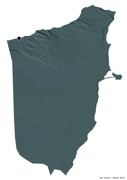 ソマリアの地域であるバーリの形で 首都は白い背景に孤立しています 色の標高マップ 3Dレンダリング — ストック写真