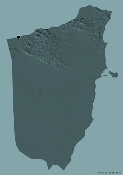 索马里地区巴里的形状 其首都用纯色背景隔开 彩色高程图 3D渲染 — 图库照片