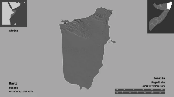 バーリ ソマリアの地域 およびその首都の形状 距離スケール プレビューおよびラベル 標高マップ 3Dレンダリング — ストック写真