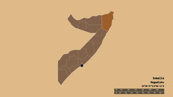 Die Ungesättigte Form Somalias Mit Seiner Hauptstadt Der Wichtigsten Regionalen — Stockfoto